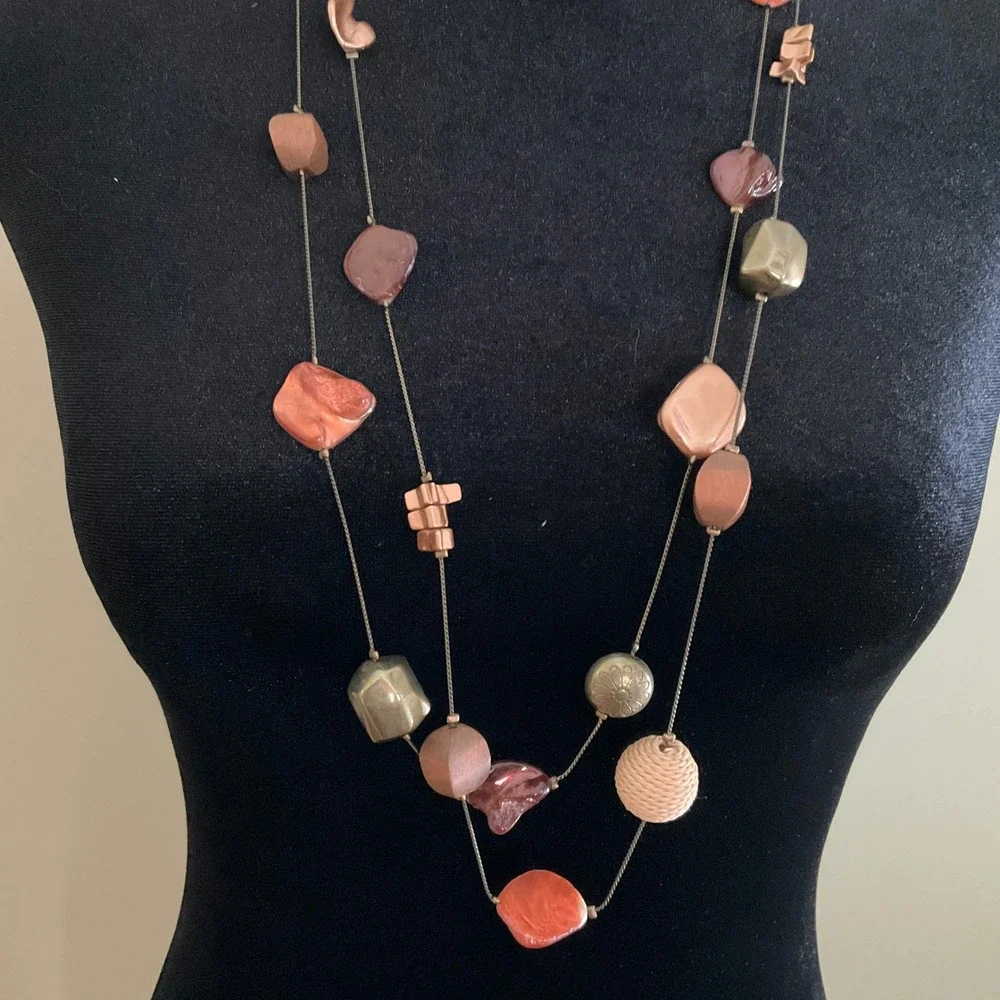 Boho Double Strand Beaded Necklace‎ Bronze Copper Earth Tones Layered Statement